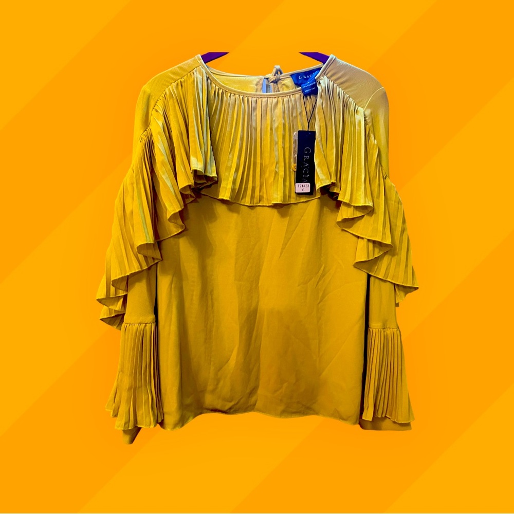 GRACIA NWT Yellow Cascading Ruffled Top